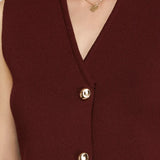 Go - Getter Sleeveless Gold Button Sweater Vest Wine