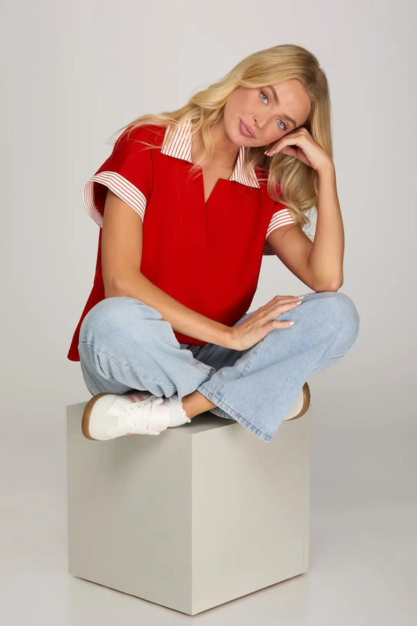 The Sweetheart Striped Collar Blouse  | Red