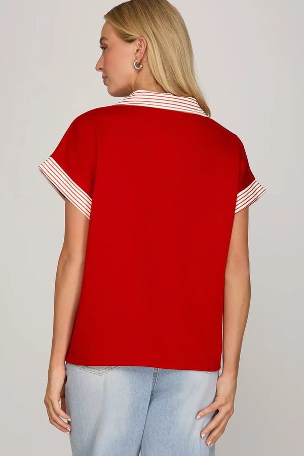The Sweetheart Striped Collar Blouse  | Red