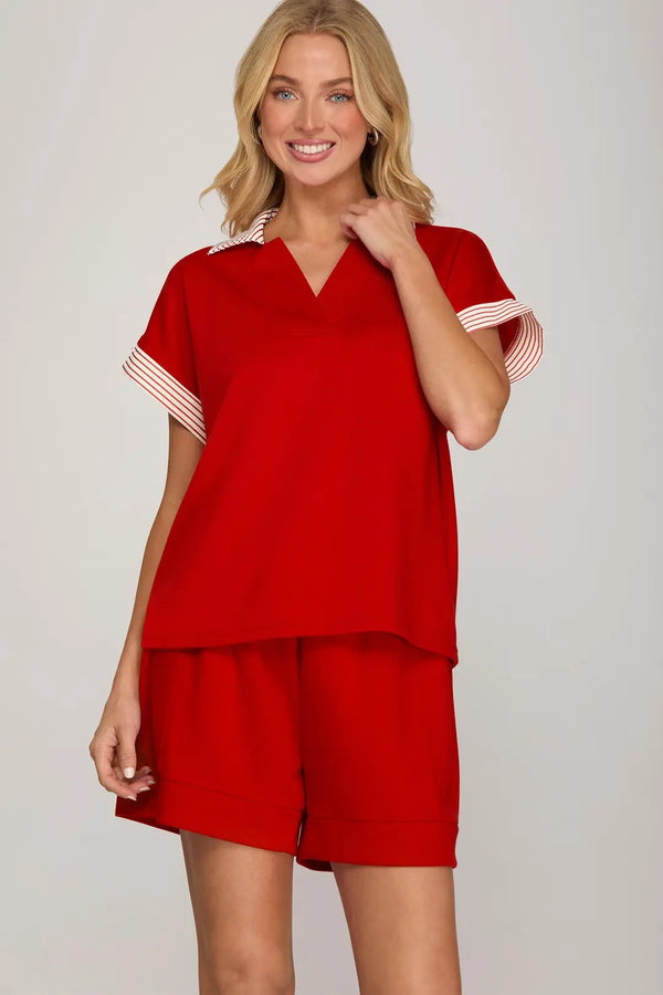 The Sweetheart Striped Collar Blouse  | Red