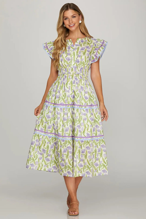 Tulip Fields Smocked Midi Dress | Lavender