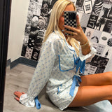 In My Dreams Satin Blue and White Bow Pajama Set