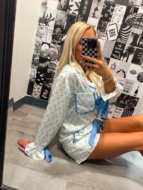 In My Dreams Satin Blue and White Bow Pajama Set