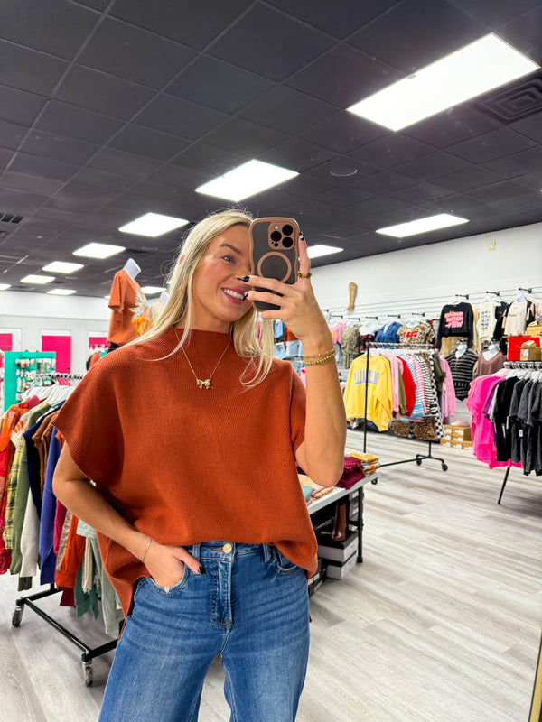 Ribbed Knit Short Dolman Sleeves Top Rust