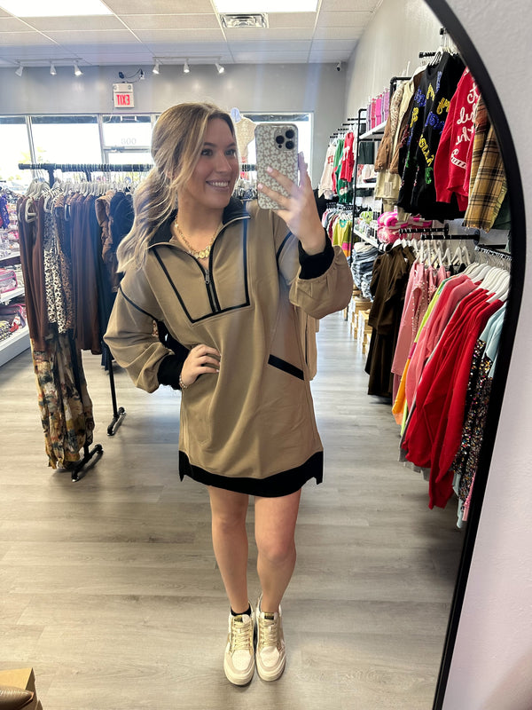 On A Coffee Run Zip Dress - Mocha