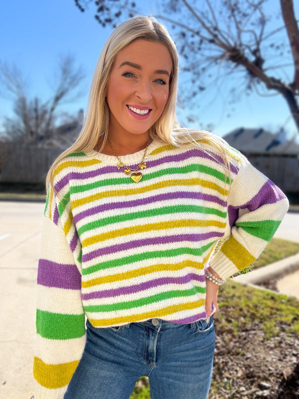 Here for the Beads Mardi Gras Stripe Sweater - Ivory