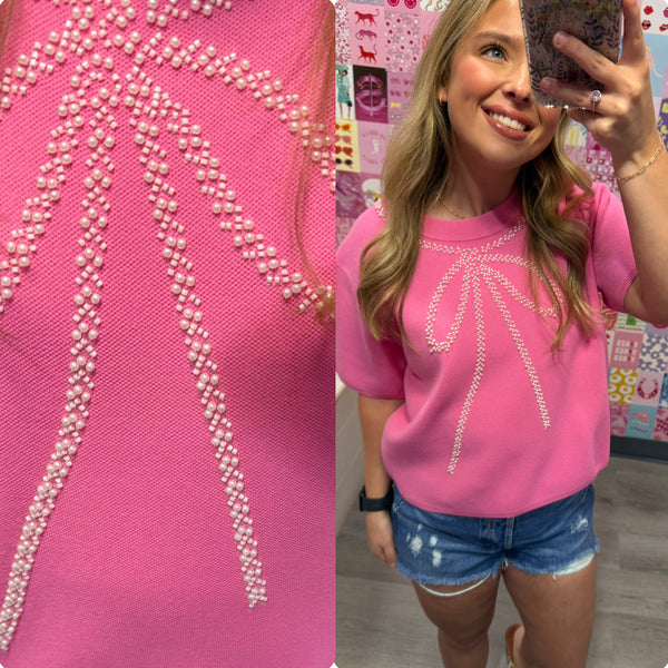 pink bow embellished knit sweater