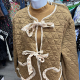 Brown Floral Trim Heart Pocket Quilted Jacket