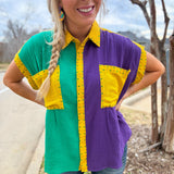 Parade Day Rhinestone Mardi Gras Color Block Top