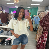 Found My Way Zip Collar Top  | Cream Green and Blue