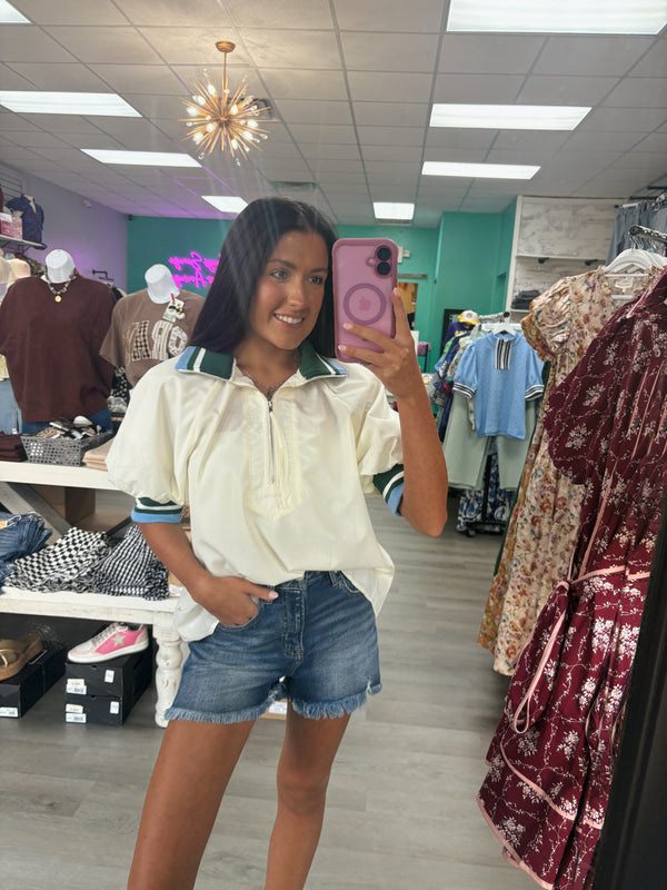 Found My Way Zip Collar Top  | Cream Green and Blue