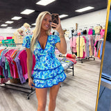 Floral Print Puff Sleeve Tiered Mini Romper Dress