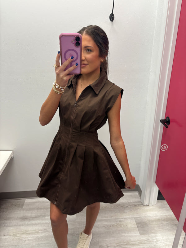 Zip Brown Pleated Mini Dress