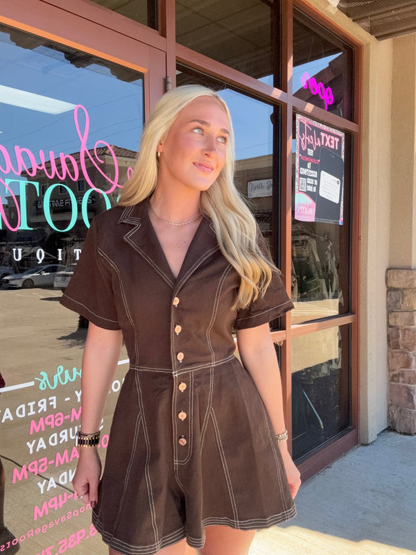 Howdy Babe Brown Denim Romper