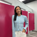 Ruffle Hem Ribbed Knit Sweater Cardigan Baby Blue