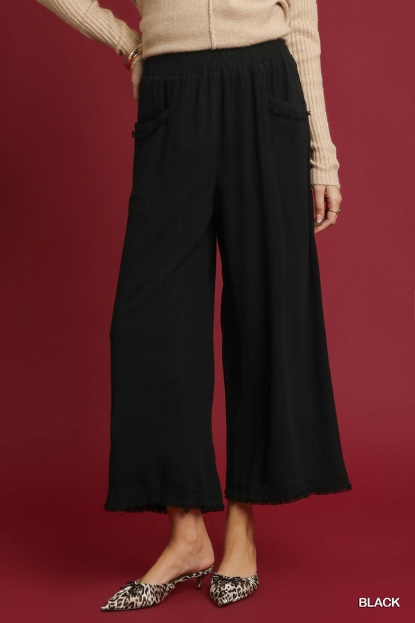 Black Linen Fray Hem Pants