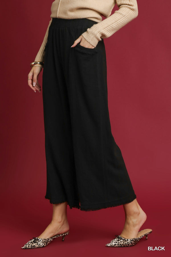 Black Linen Fray Hem Pants