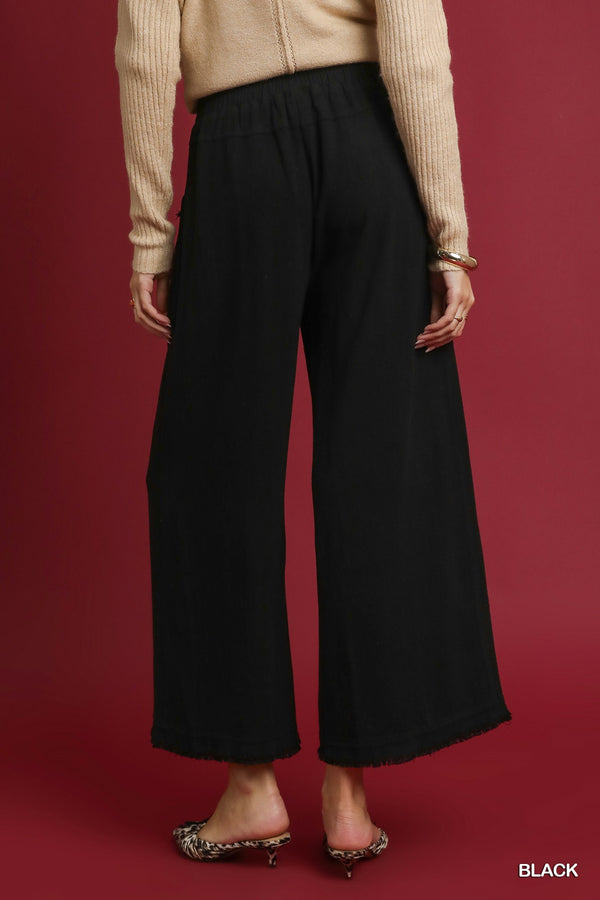 Black Linen Fray Hem Pants