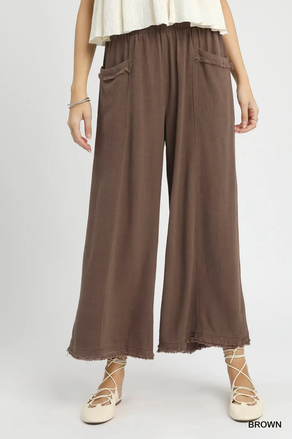 Brown Linen Fray Hem Pant