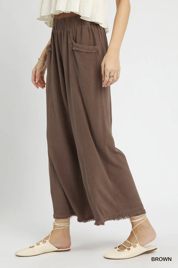 Brown Linen Fray Hem Pant