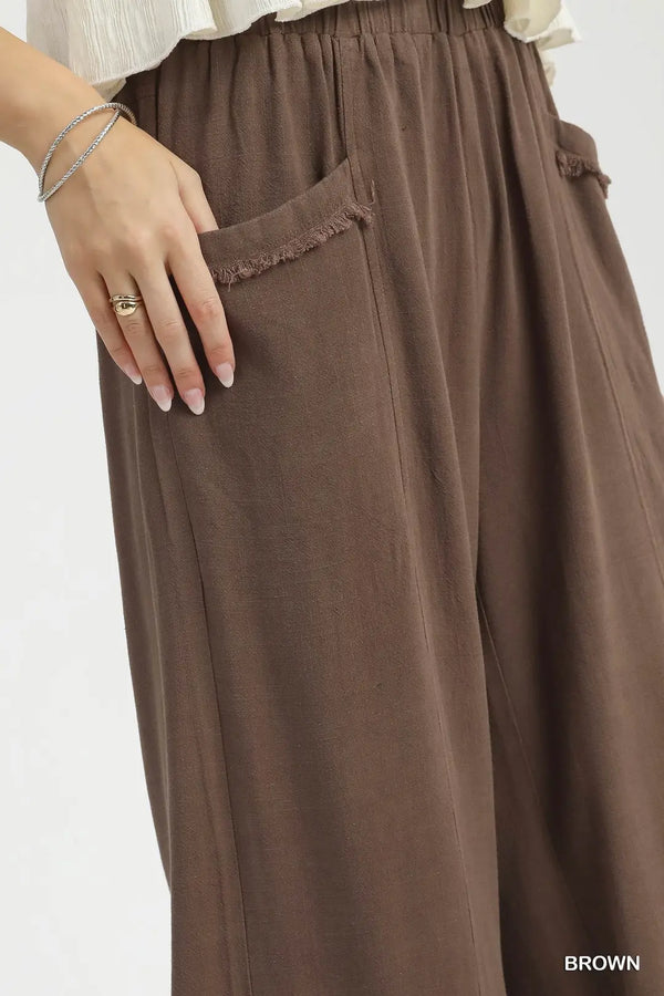 Brown Linen Fray Hem Pant