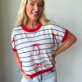 Bow Patch Stripe Loose Fit Crop Sweater Top