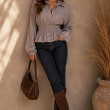 Pinstripe Smocked Waist Peplum Blouse