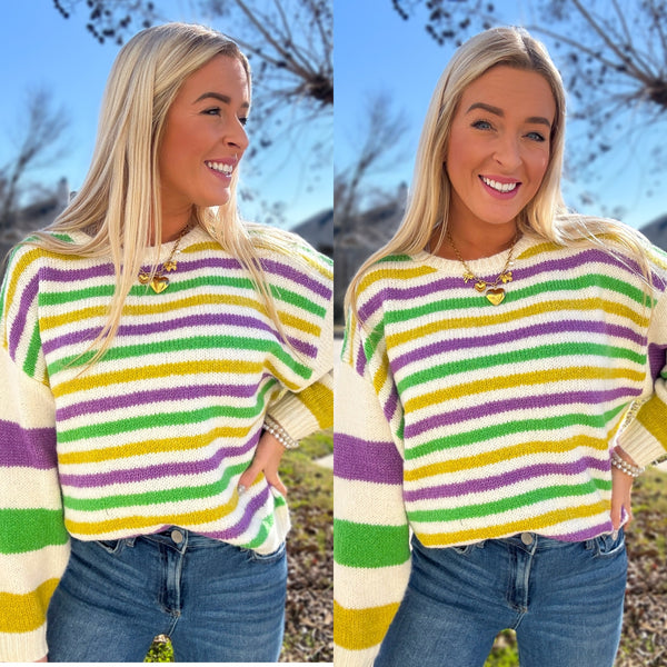 Here for the Beads Mardi Gras Stripe Sweater - Ivory