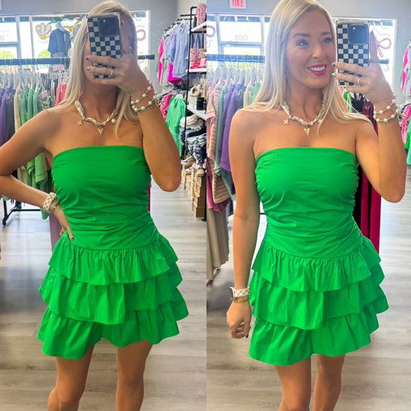Green Strapless Ruched Tiered Ruffle Mini Dress