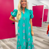 Pretty in Bloom Midi Dress Teal and Pink