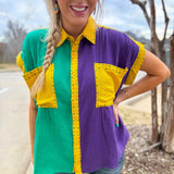 Parade Day Rhinestone Mardi Gras Color Block Top