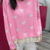 Baby Pink Lace Trim Heart Sweater