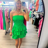 Green Strapless Ruched Tiered Ruffle Mini Dress