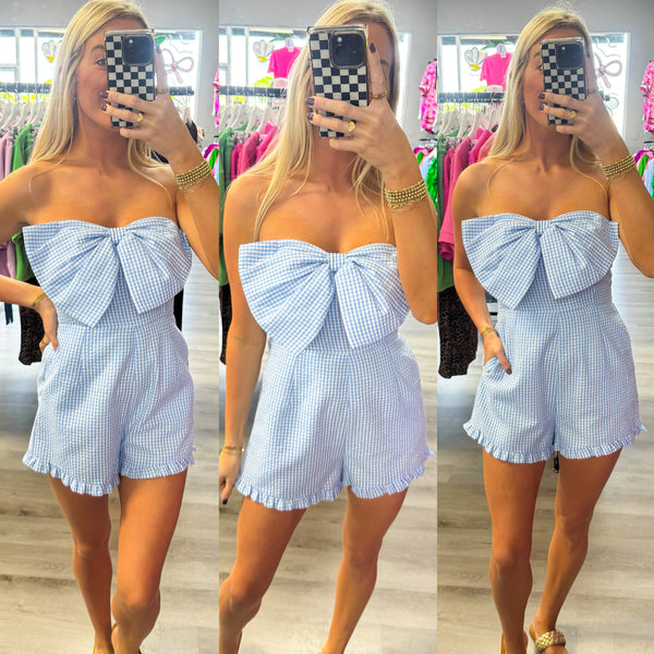 Gingham Print Light Blue Bow Romper