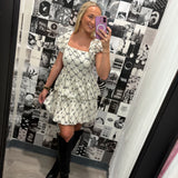 Cream and Black Ribbon Printed Double Bubble Hem Mini Dress