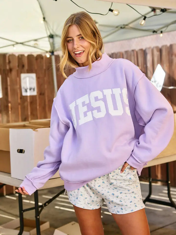 Jesus Embroidery Mockneck Lavender