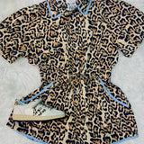 Leopard Romper with Baby Blue Lace Trim