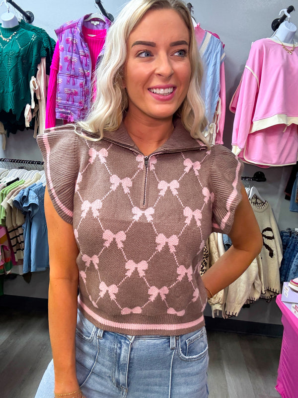 Bow Half Zip Top - Mocha