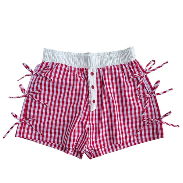 BB-4828 BUTTON BOW GINGHAM BOXER SHORTS RED