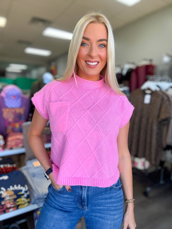 Pink Diamond Pattern Short Sleeve Pocket Detail Sweater