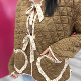 Brown Floral Trim Heart Pocket Quilted Jacket