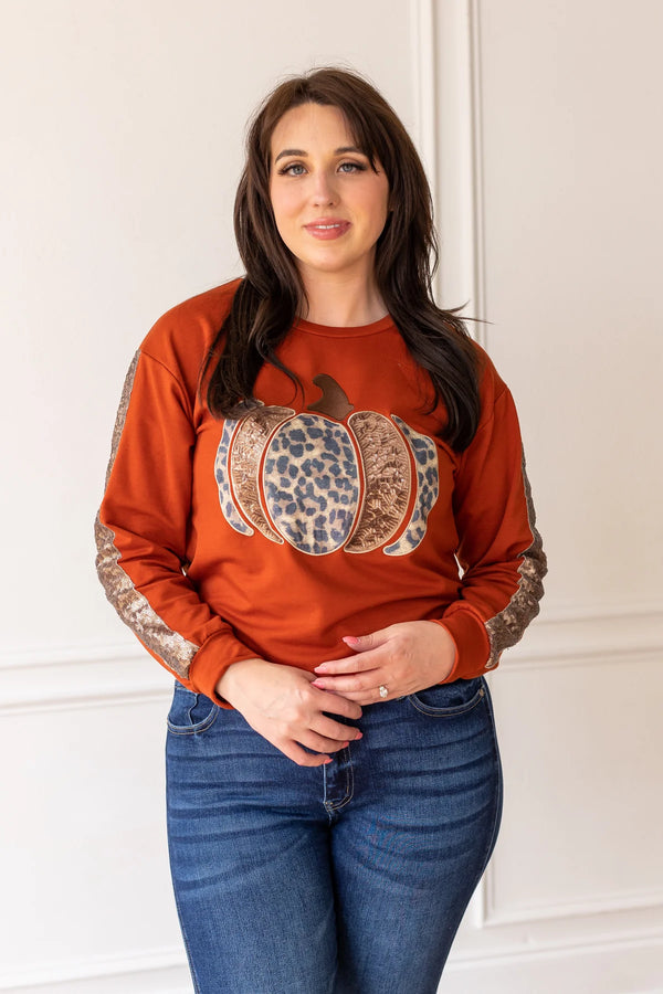 Rust Sequin Sleeve Leopard Pumpkin Top