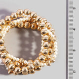 Ribbed Gold Bead and Pearl Stretch Bracelet Set