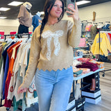 Bow Applique Scallop Hem Sweater