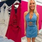 Buckle Up Denim Halter Dress