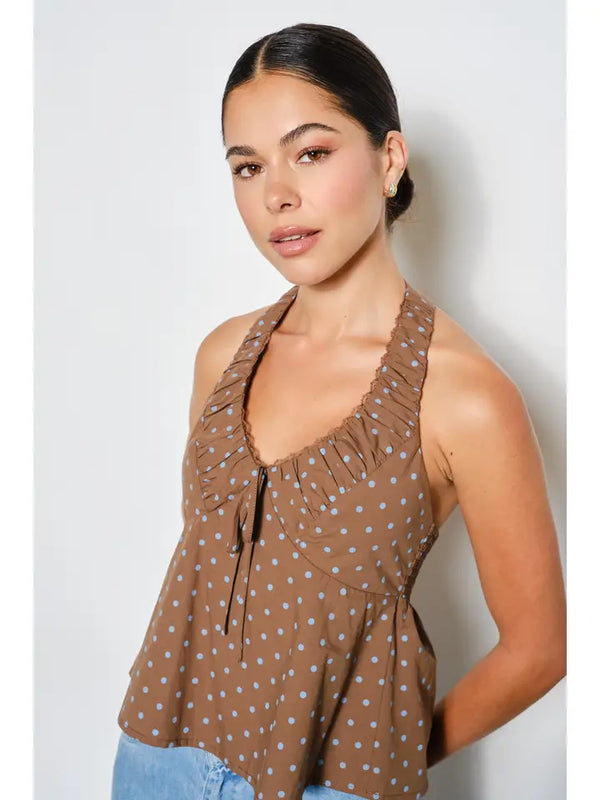 Brown And Blue Polka Dot Hazel Ruched Halter Top