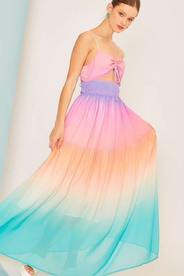 Rainbow Ombre Tie Smocked Maxi Dress
