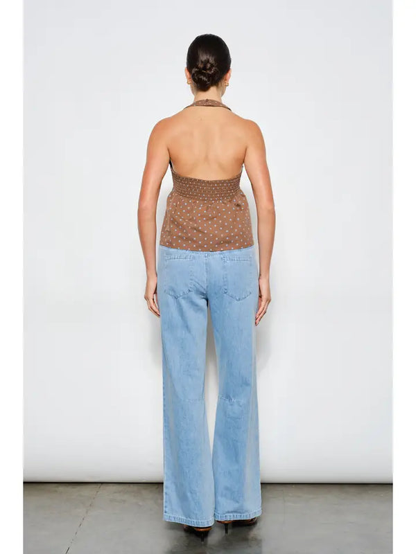Brown And Blue Polka Dot Hazel Ruched Halter Top