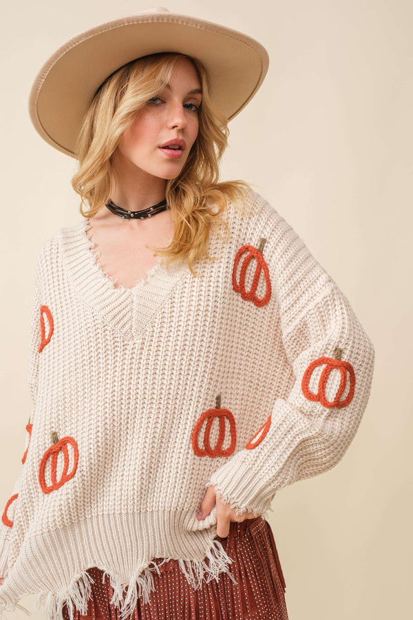 Pumpkin Patch V Neck Fray Sweater