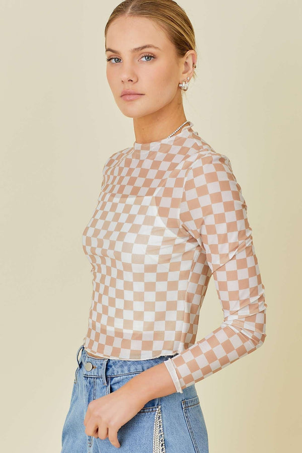 Neutral Mesh Checkered Top